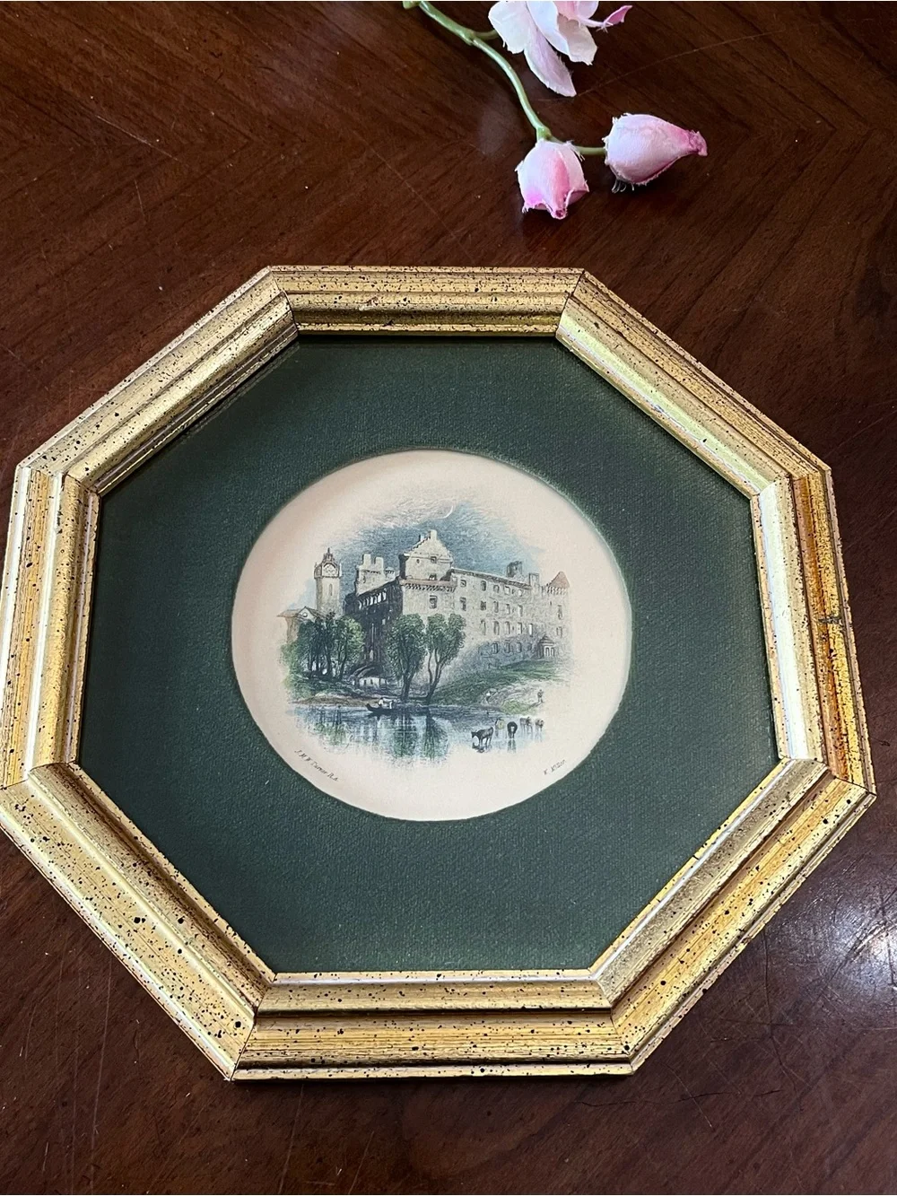 Vintage Rudolf Lesch Turner Views Framed Prints Pair Gold Gilt Octagon 8.25”x1